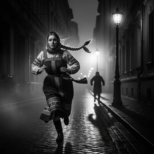 Russian Girl Fleeing from Danger in Noir Style