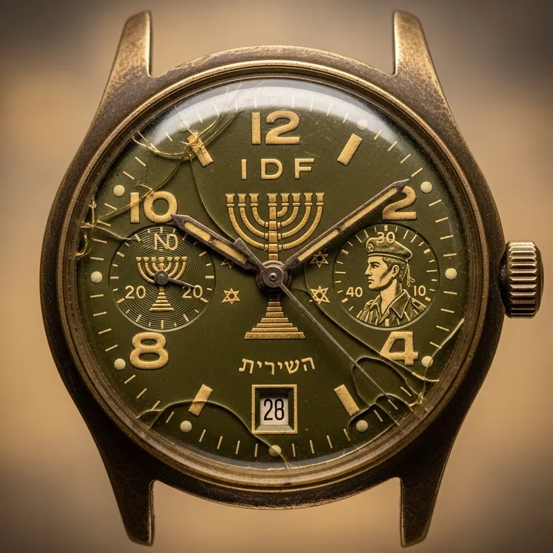 Vintage Israeli Military Watch Face with Menorah Symbol - Forward-Facing Image