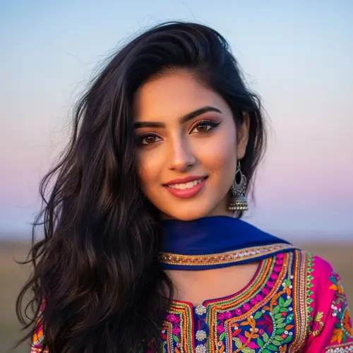 Stunning South Asian Girl in Traditional Outfit at Sunset