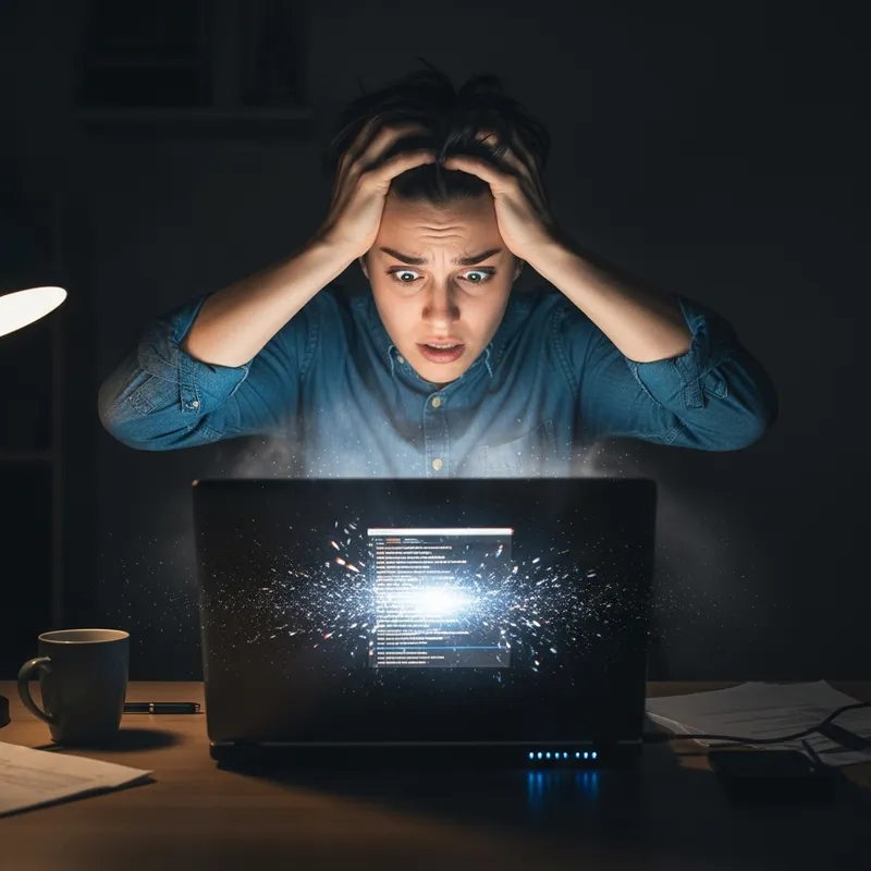 Frustrated Person Reacting to Overheating Laptop