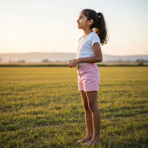 South Asian Girl Tying Hair Outdoors | Pink Shorts & White T-shirt