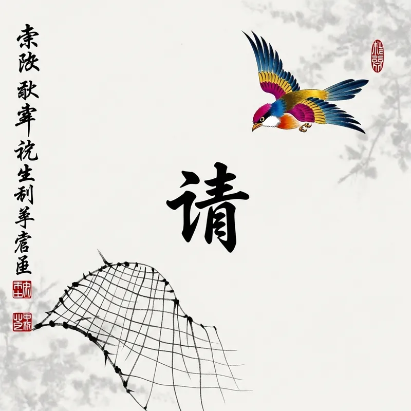 Chinese Character for Clarity - Minimalist Ink Painting with Symbolic Bird Chinese Character for Clarity - Minimalist Ink Painting with Symbolic Bird