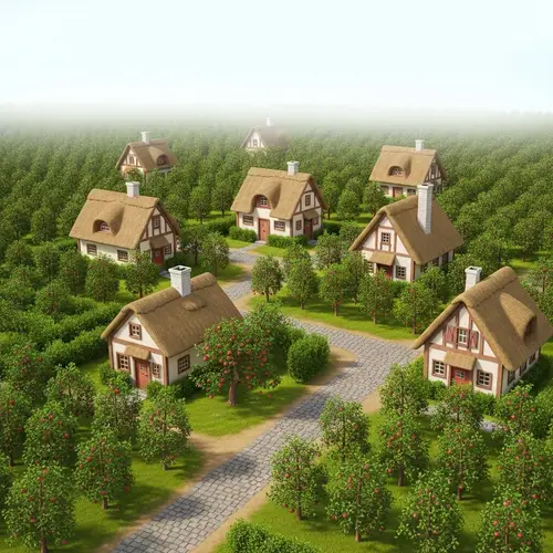 Idyllic Apple Village with Quaint Cottages and Orchard