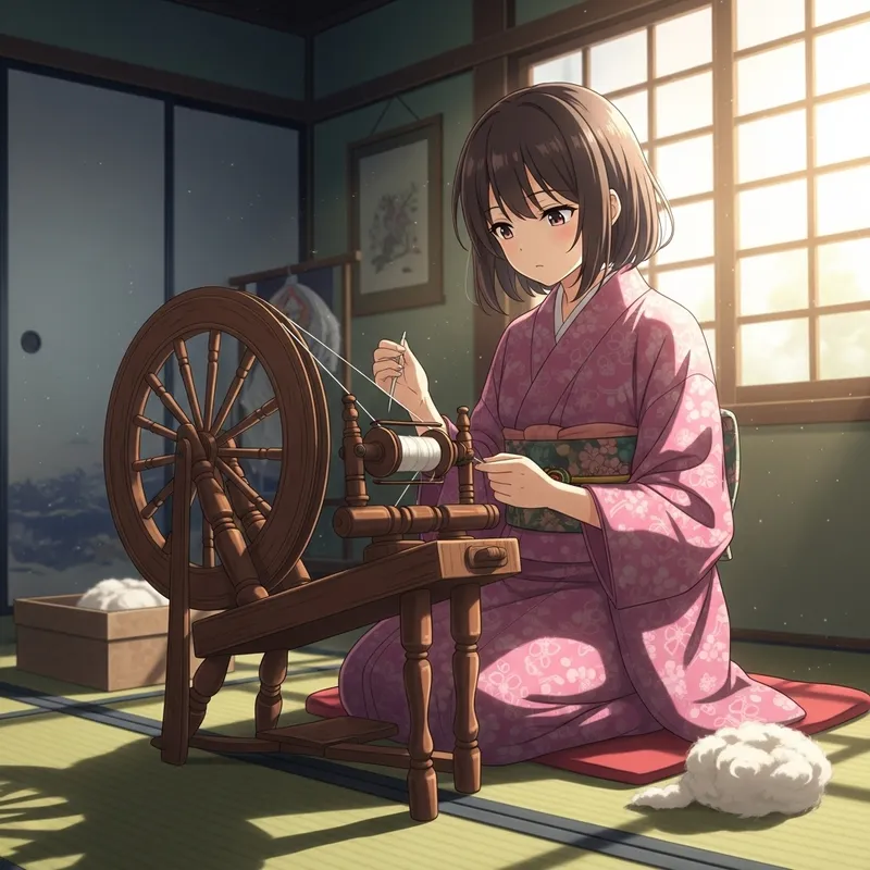 Anime Girl Spinning Wool - Antique Wheel Craft