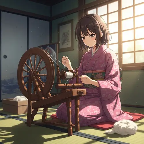 East Asian Girl Spinning Wool on Antique Wheel