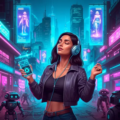 Futuristic Cyberpunk South Asian Woman Enjoying Music