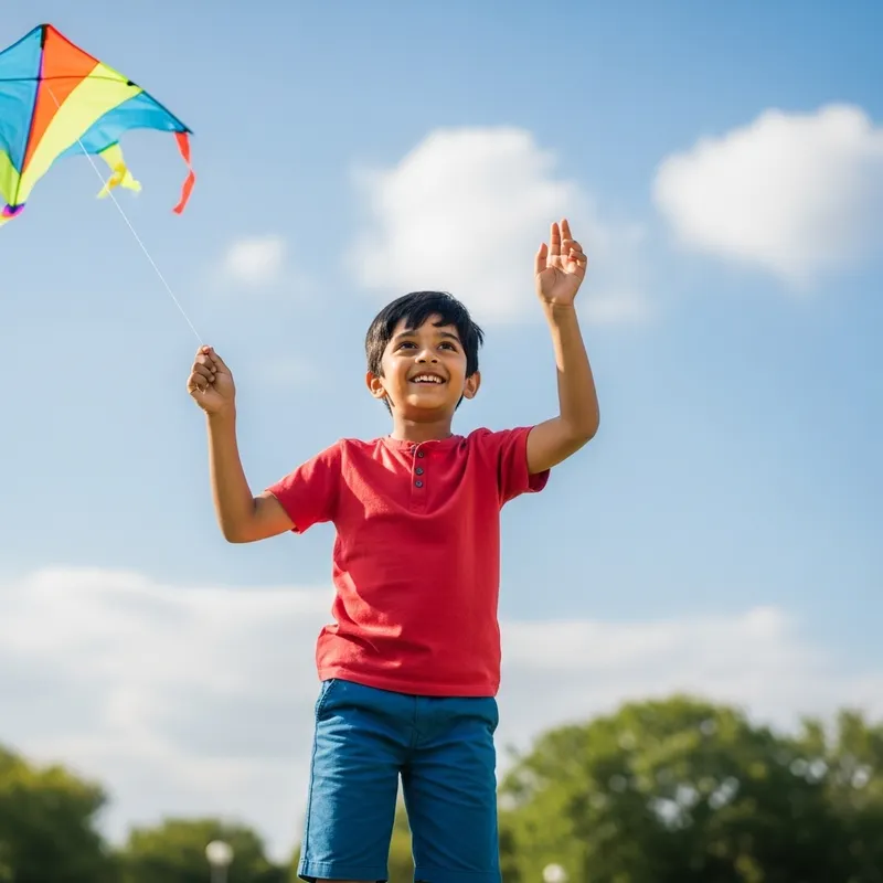 Joyful Young Boy Flying Colorful Kite in Sunlit Park