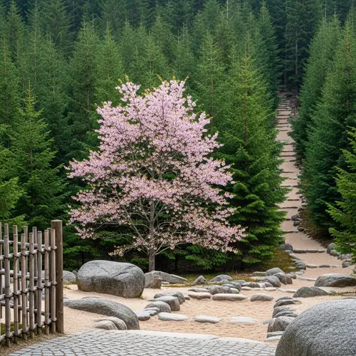 Tranquil Japanese Coniferous Forest with Sakura Tree