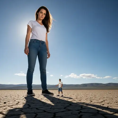 Giant Caucasian Woman Standing in Vast Landscape