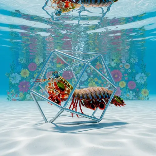 Realistic Mantis Shrimp Swimming in Metallic Geometric Object