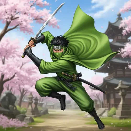 Dynamic Ninja in Green Outfit with Shiny Sword - Japanese Theme