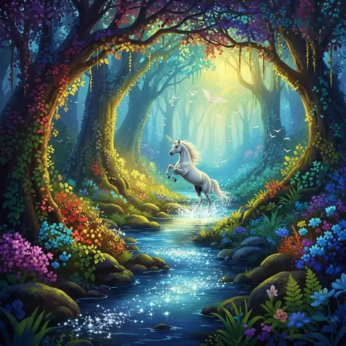 Mystical Forest Scene: Unicorn Leaping Over Stream