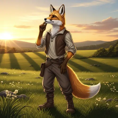 Golden Fur Anthropomorphic Fox in Grassy Meadow