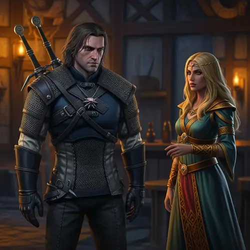 Male Witcher and Middle-Eastern Sorceress in Rustic Tavern Scene