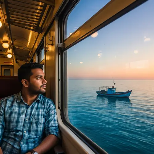 Man on Train Watching Fisherman's Boat in Sea