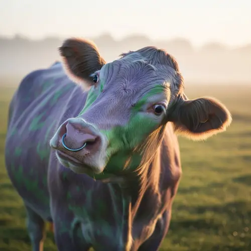 Mischievous Joker Cow with Distinctive Nose Ring | Purple & Green Coat