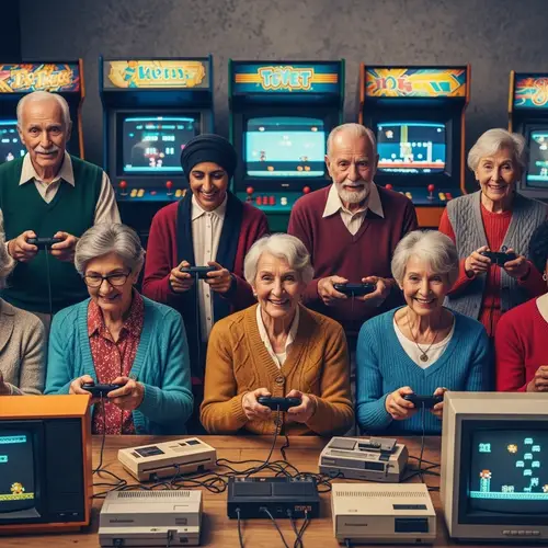 Diverse Elderly Gamers Enjoying 8-Bit Style Games