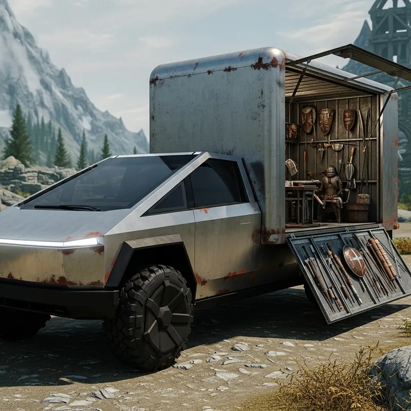 Tesla Cybertruck in Skyrim: Aged Design, Rustic Armory
