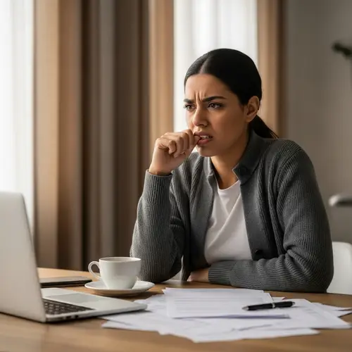 Anxious Middle-Eastern Woman Making a Decision at Kitchen Table