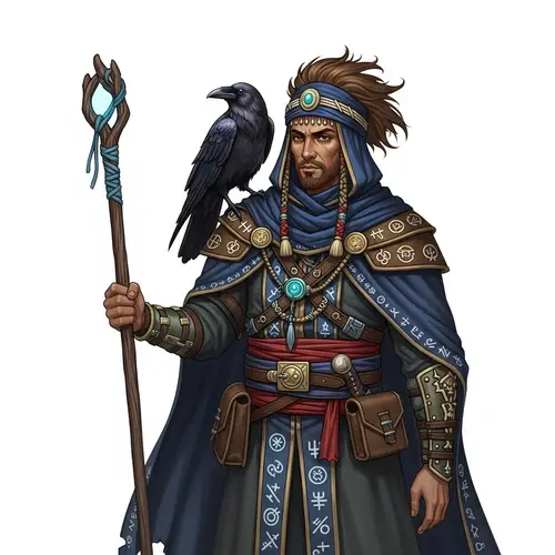 Mystical Mage with Raven and Rustic Staff