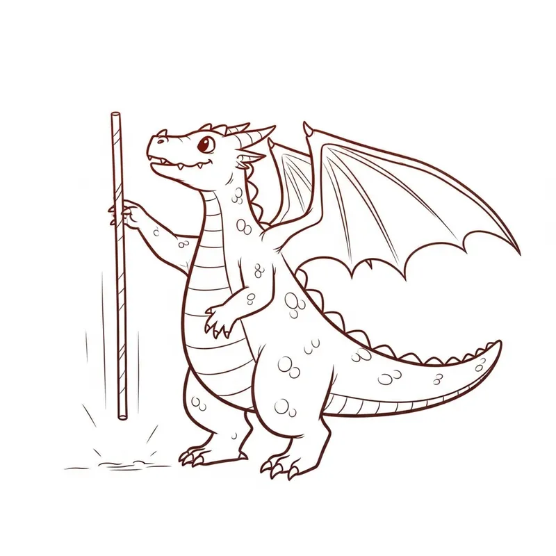 Cute Smiling Dragon Holding Falling Pole - Minimalist Cartoon Style