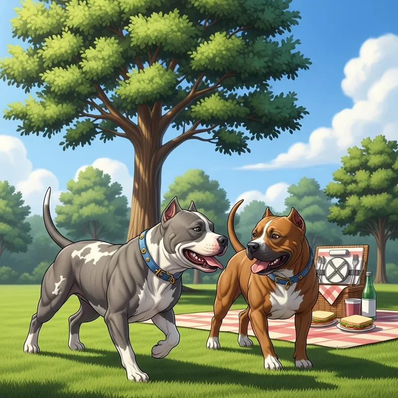 Serene Park Scene with Playful Gray and Brown Pit Bulls