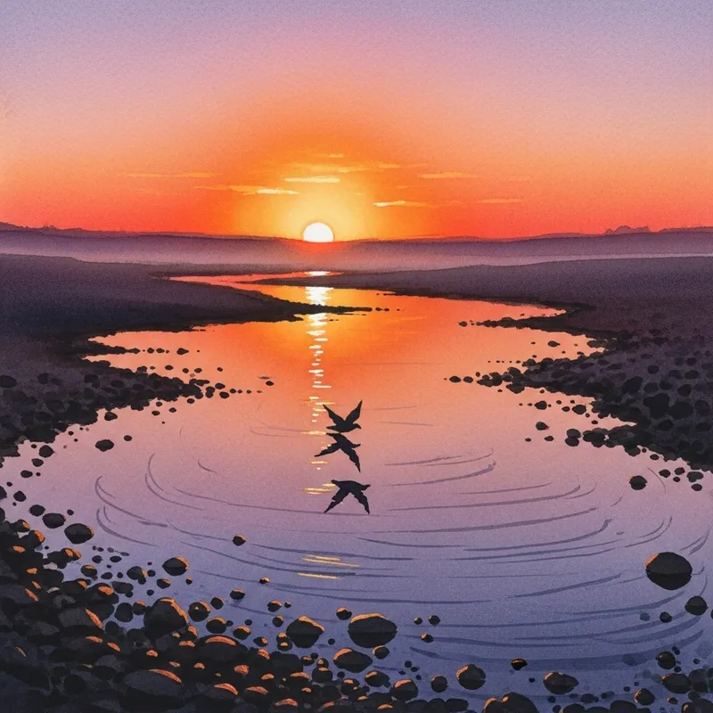 Stunning Sunrise Watercolor Art Scene