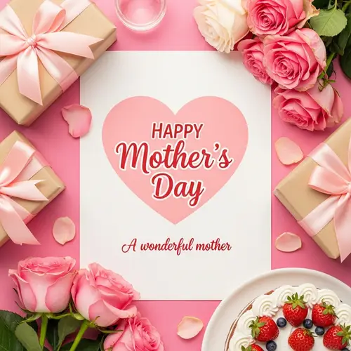 Happy Mother's Day Card with Pink Roses & Cake