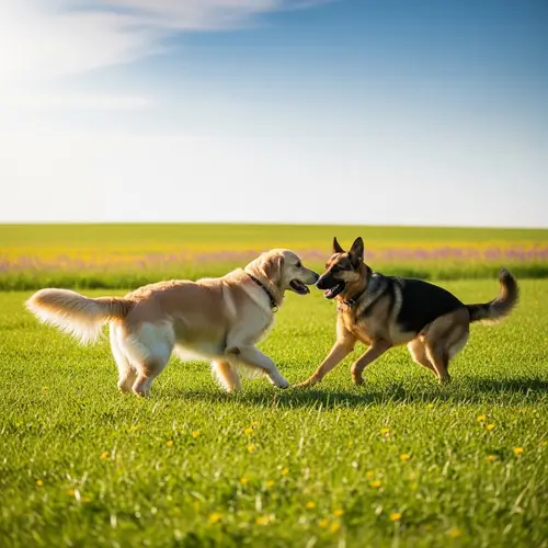 Golden Retriever and German Shepherd Play in Lush Green Field