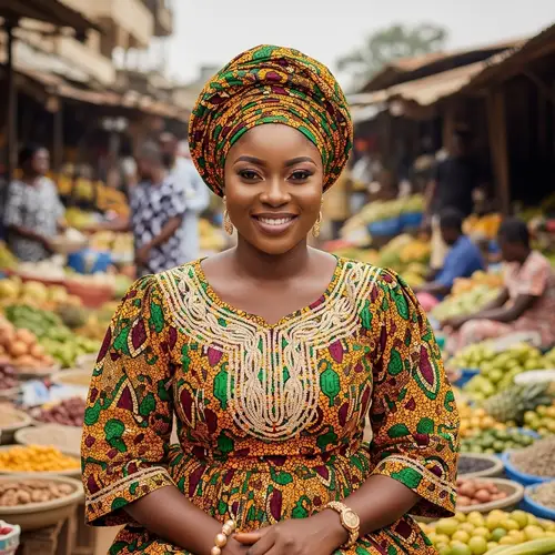 Young Dark Ghanaian Woman in Traditional Attire at Local Market