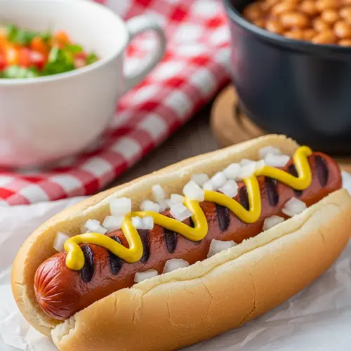 Grilled Glizzy Hotdog in Soft Bun with Mustard and Onions