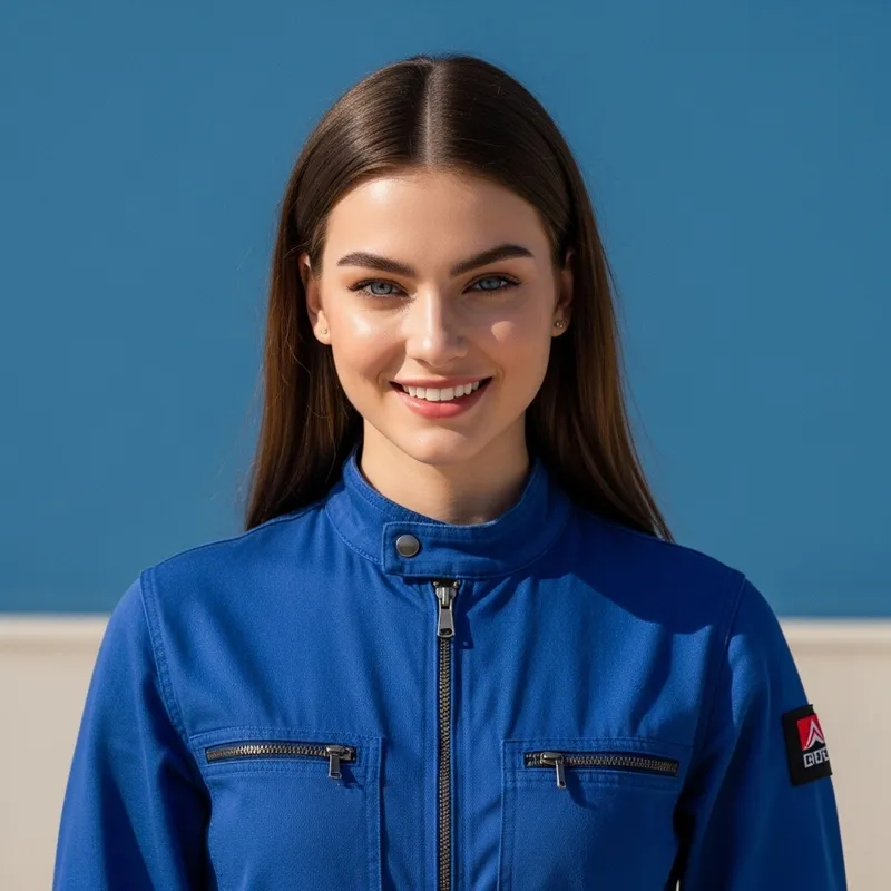Expressive Slender Girl in Blue Jumpsuit with Deep Blue Eyes