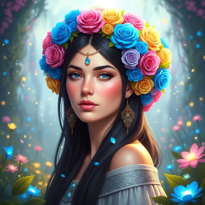 Beautiful Goddess with Fair Skin, Blue Eyes, and Flowery Hairdress