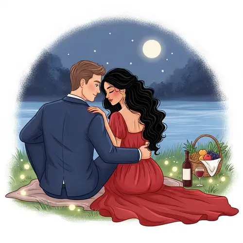 Romantic Couple Enjoying Moonlit Night by the River