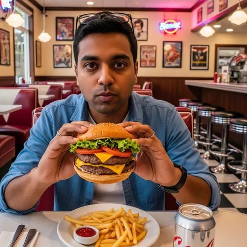 South Asian Male Enjoying Juicy Hamburger at Retro Diner