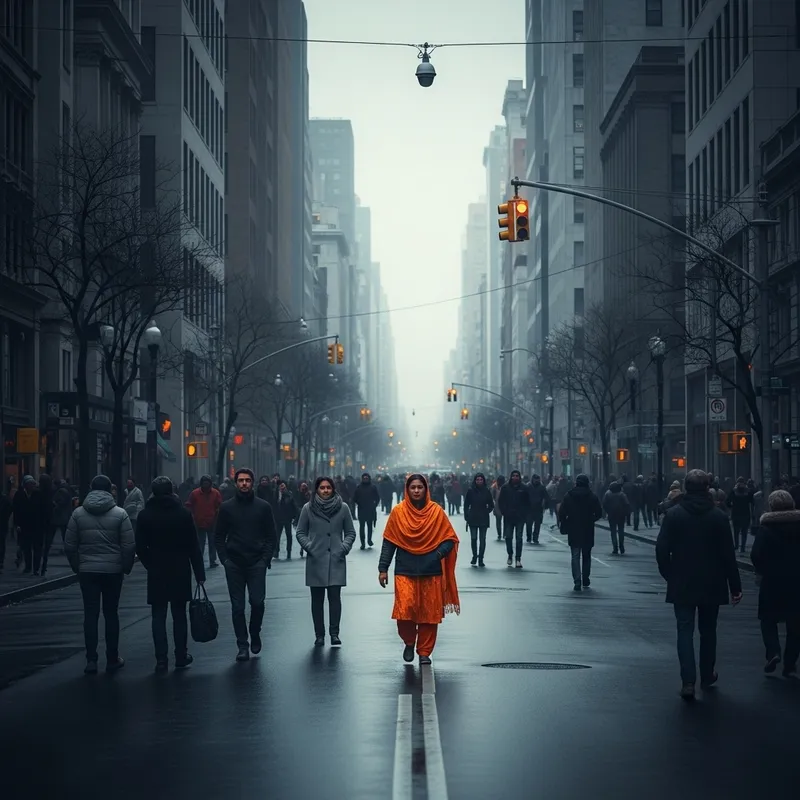 Gloomy City Street with Standout Orange Stylist | Urban Scene Gloomy City Street with Standout Orange Stylist | Urban Scene
