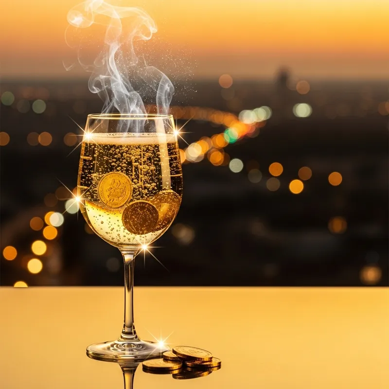 Steamy Glass of Wine with Sparkling Coins