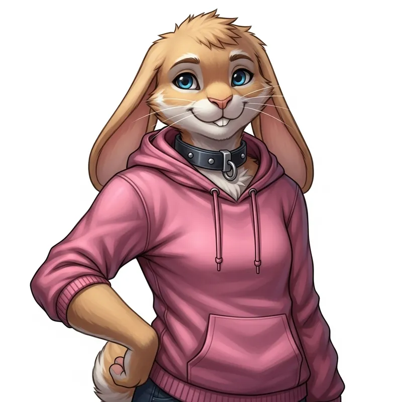 Captivating Tan-Fur Blue-Eyed Bunny in Pink Hoodie Character Design