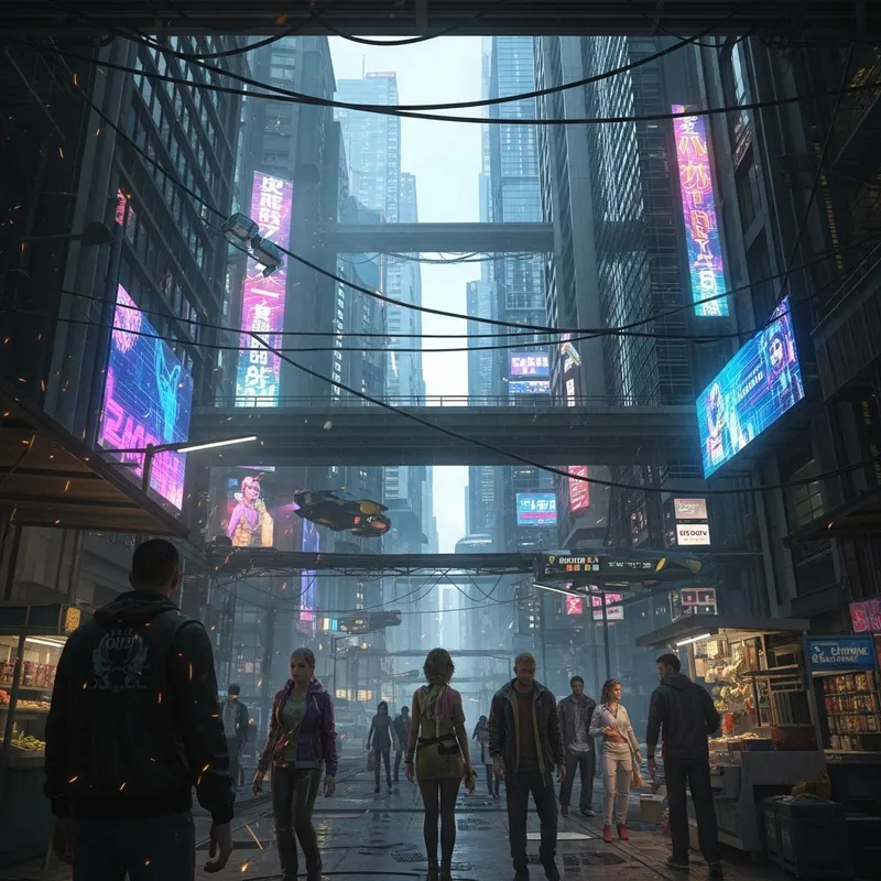 Vibrant Cyberpunk City Scene with Diverse Pedestrians and Futuristic Technology