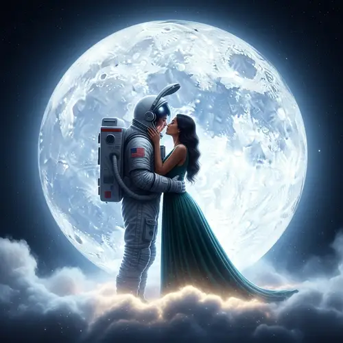 Romantic Astronaut Kiss on Cloud with Moon Backdrop