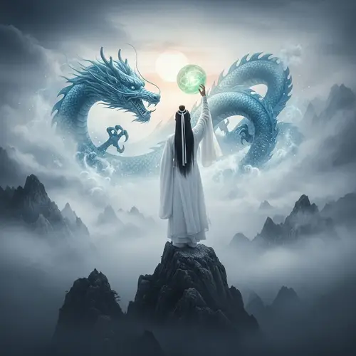 Celestial Chinese Man Summoning Dragon on Misty Mountain Peak