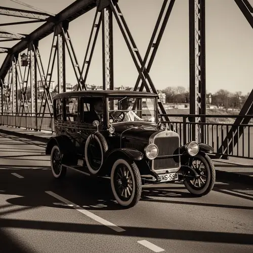 Vintage Car Crossing Historic Bridge - Antique Feel Photo
