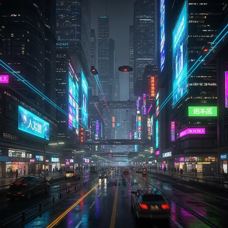 Neon Cyberpunk City Nightscape - Futuristic Digital Art