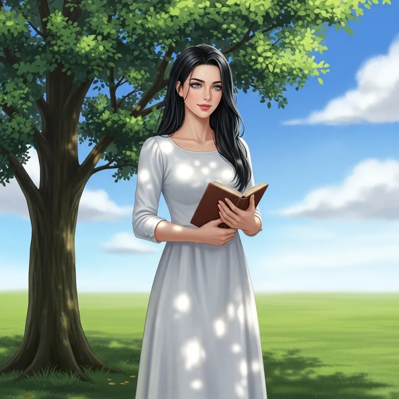 Beautiful Woman in White Dress with Dark Hair and Blue Eyes