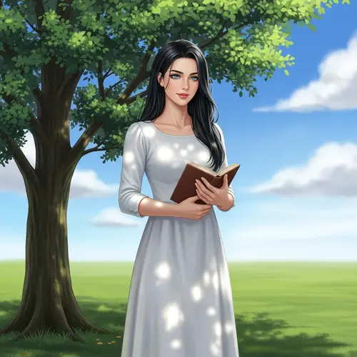 Beautiful Woman with Dark Hair and Blue Eyes in White Dress