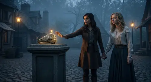 Ethereal Encounter: Cursed Ring in Ancient Village at Dusk