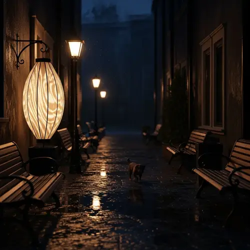 Nighttime Alleyway: Quaint Street Lamps & Wandering Dog