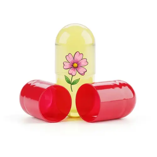 Colorful Gelatine Capsule with Hand-Drawn Flower | Creative Pill Design