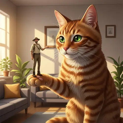 Giant Ginger Cat Holding a Human in a Cozy Scene