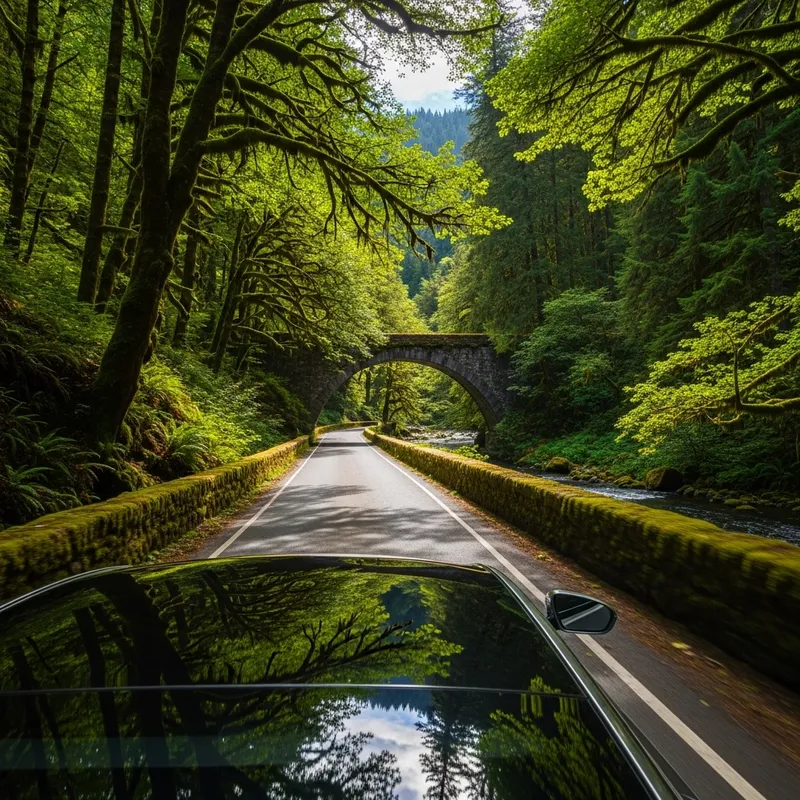 Sleek Car Cruising Through Lush Forest Bridge